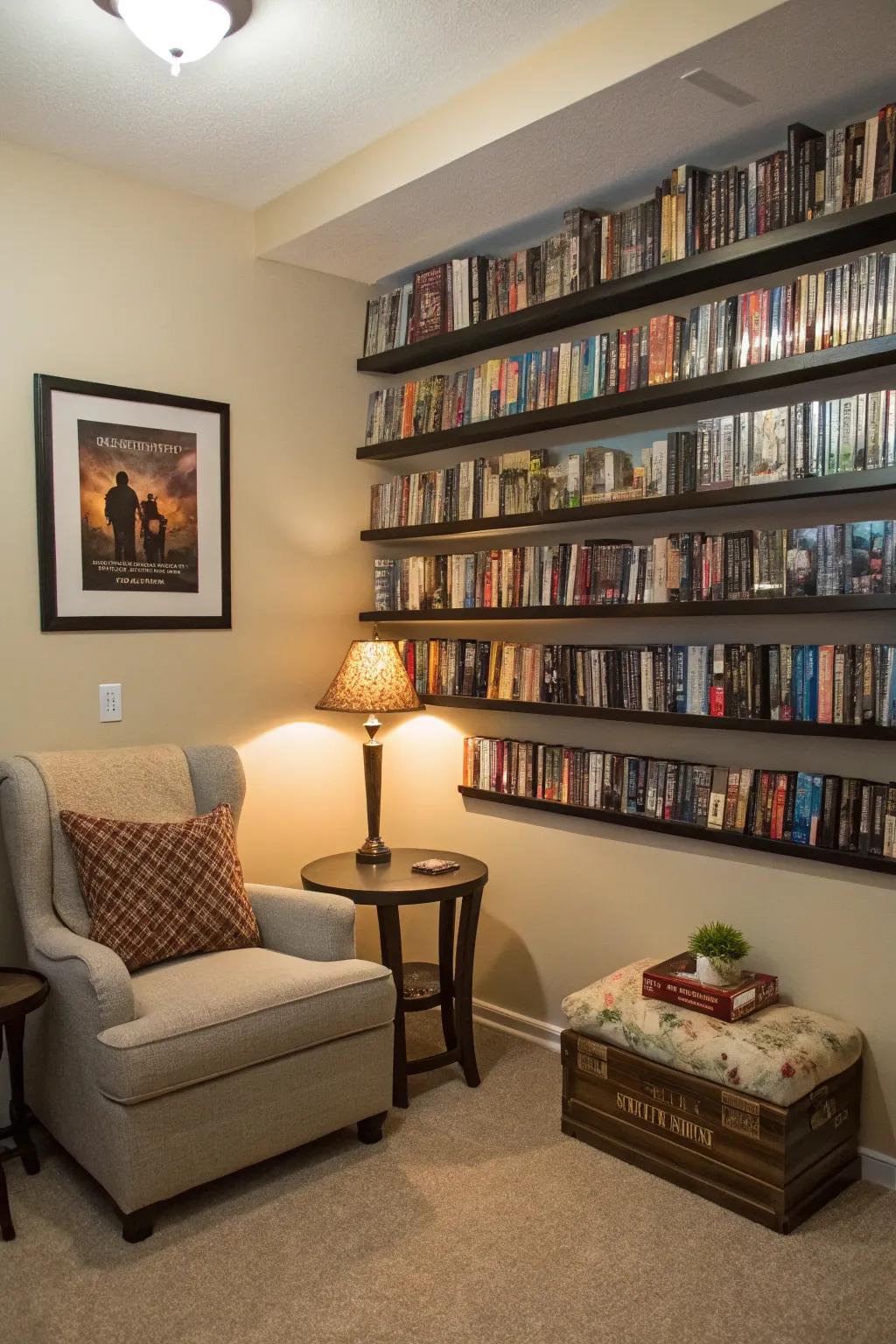 Wall-mounted shelves with DVDs, adding a stylish touch to a reading nook.