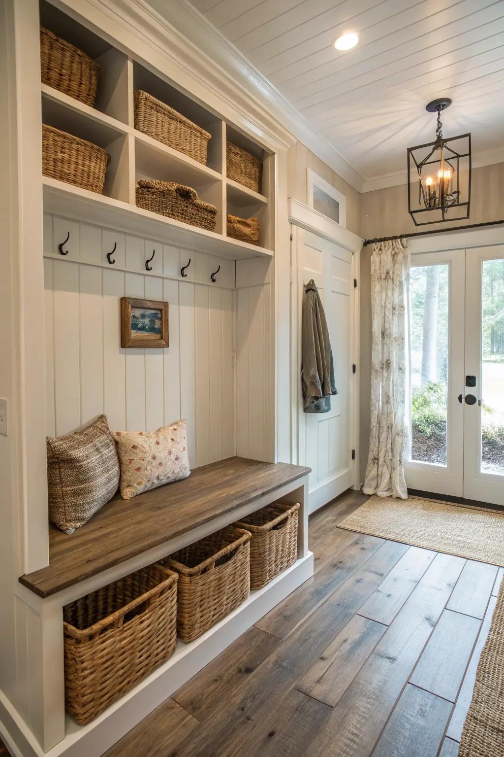 Wicker benches add a natural touch to mudrooms.