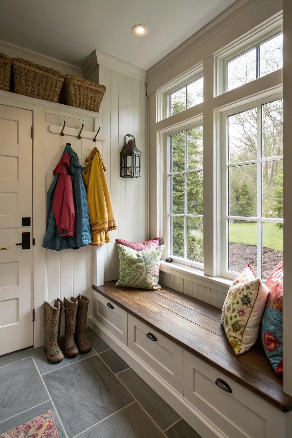 A window seat adds charm and functionality to your mudroom.