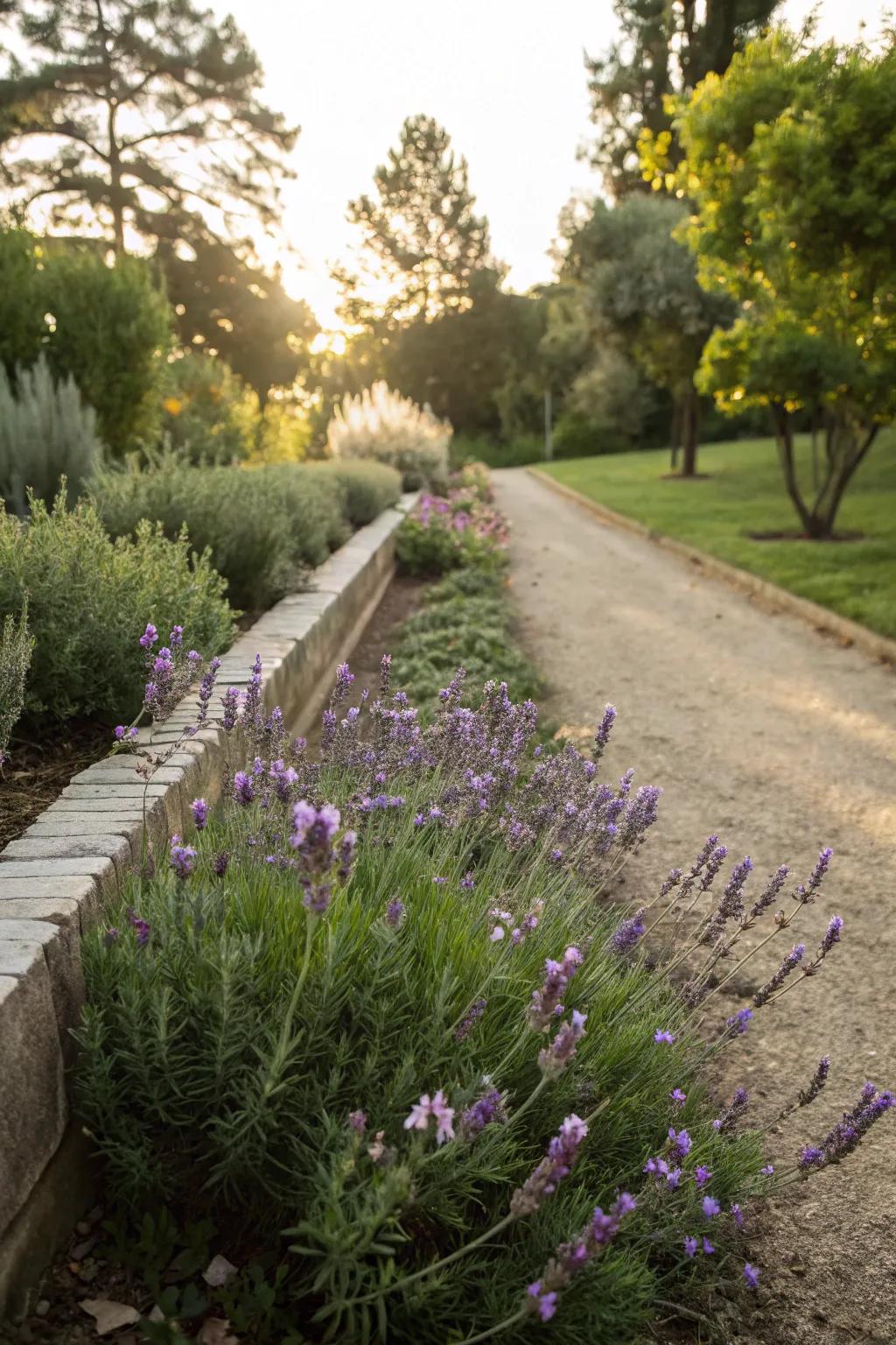 Scented plants add fragrance to narrow flower beds, enhancing the garden experience.