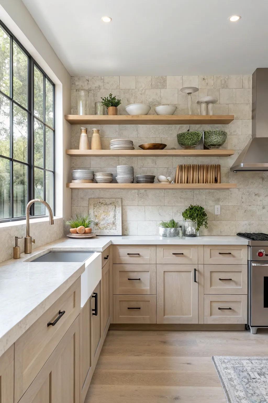 Modern kitchen featuring a smooth limestone backsplash.