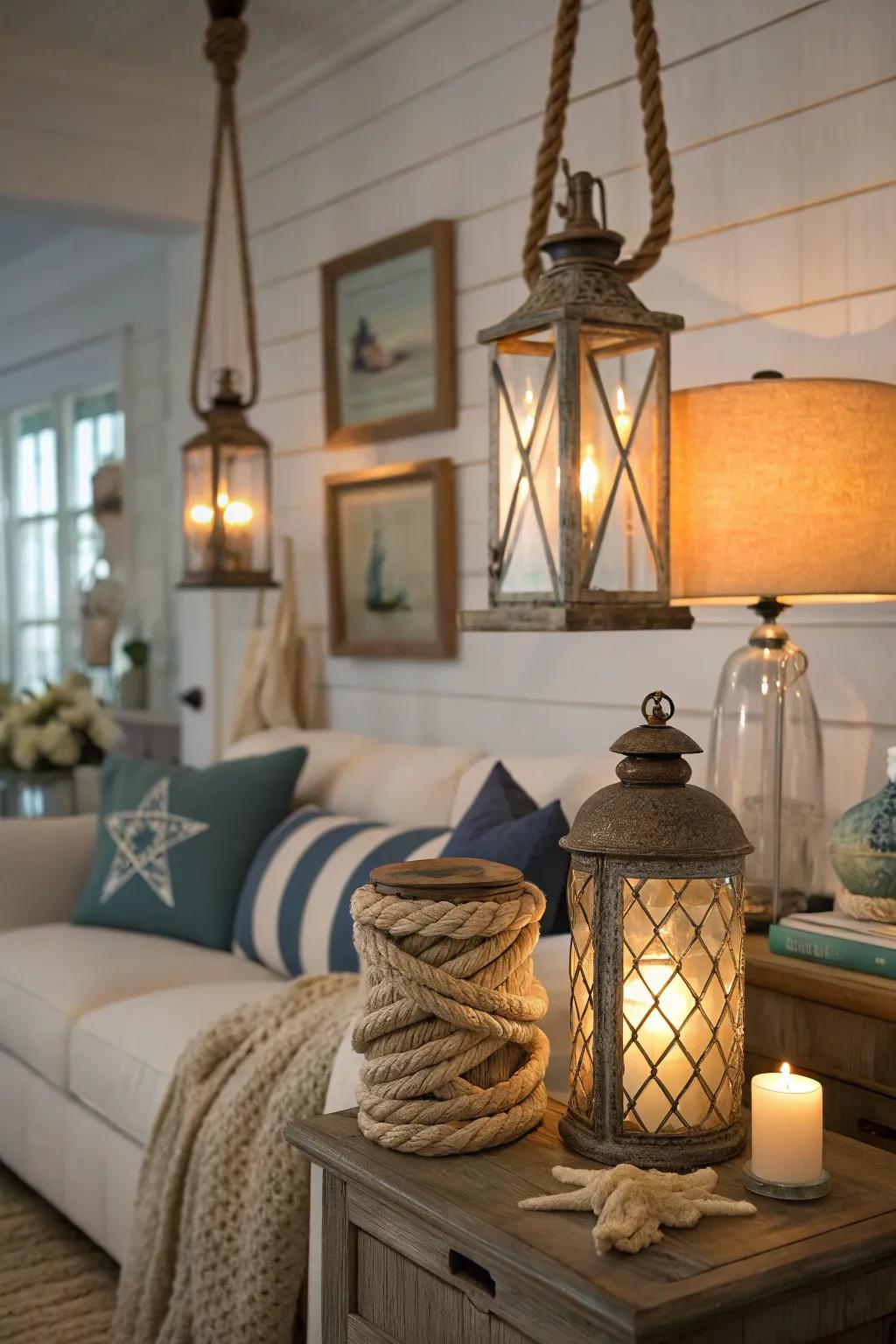 Nautical lighting fixtures illuminate the coastal charm of your living room.