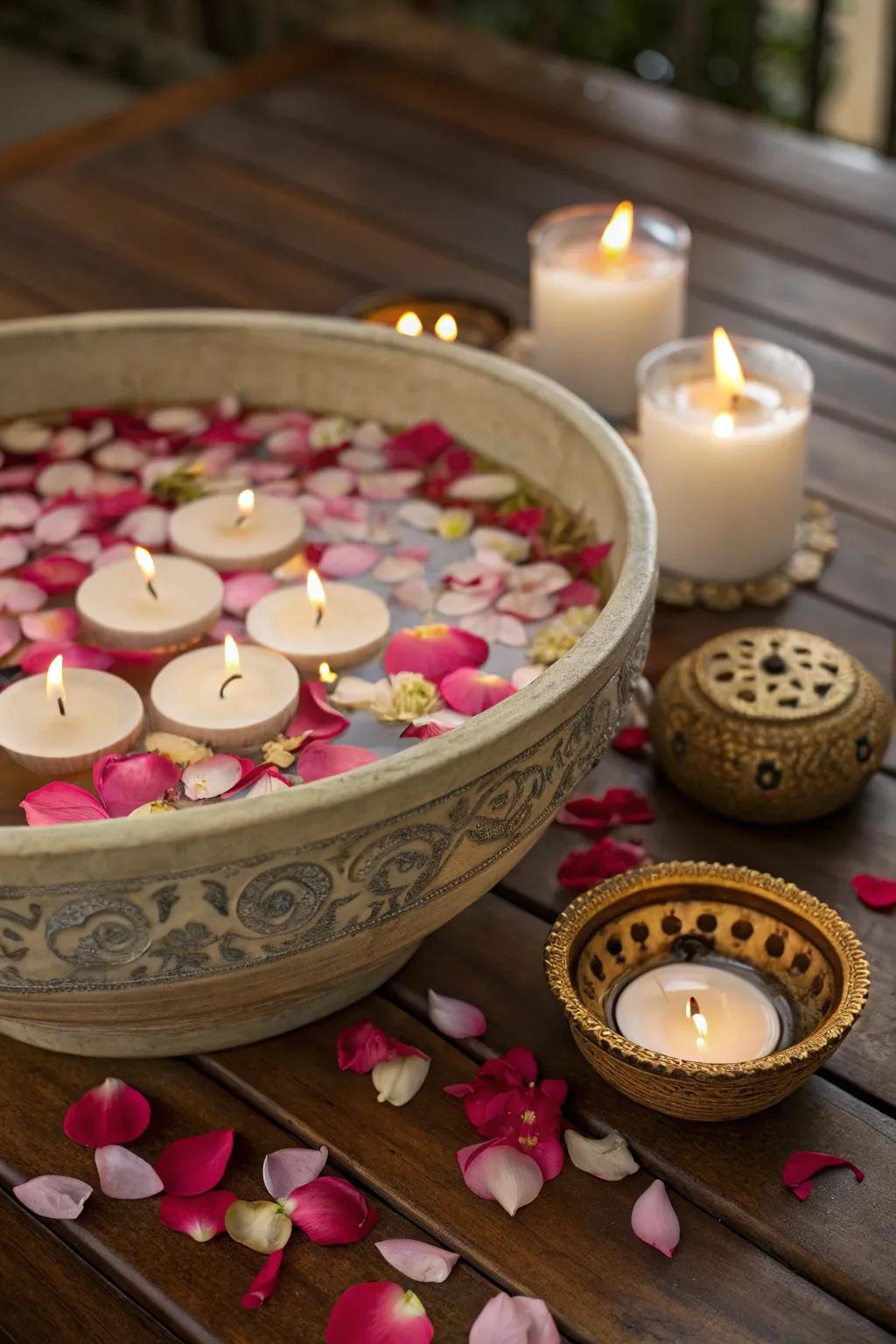 A decorative bowl featuring floating candles and petals for an elegant ambiance.