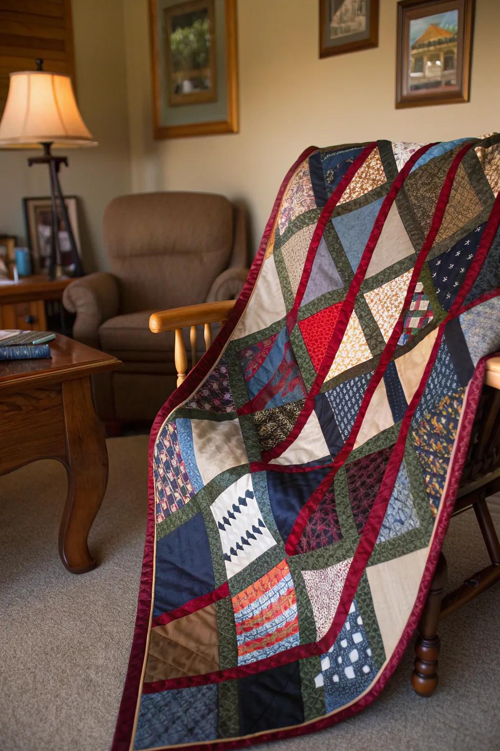 Transform neckties into a stunning patchwork quilt that adds a touch of elegance and intrigue to your living space.