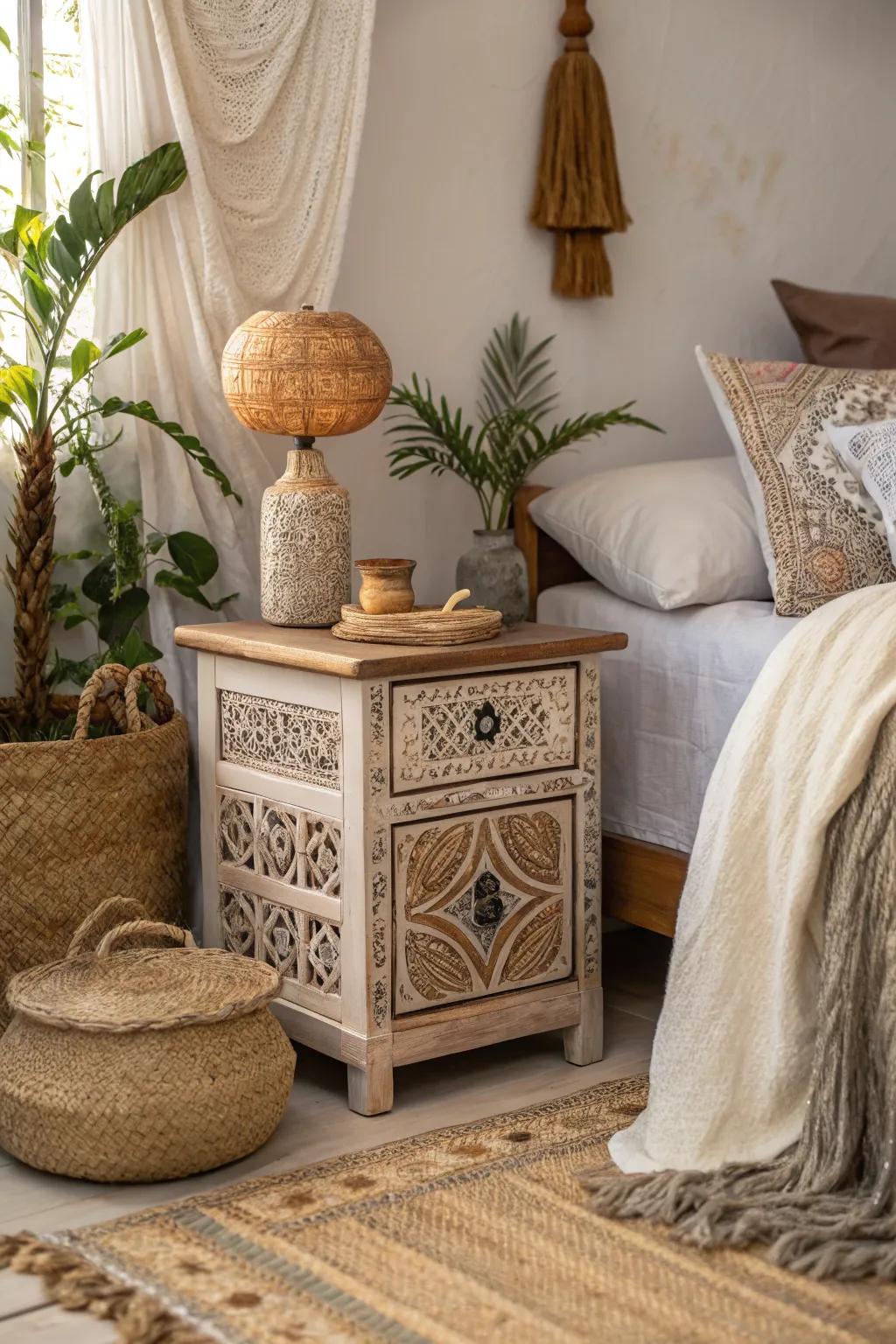 A bohemian-style nightstand with intricate designs and earthy tones in a cozy bedroom.