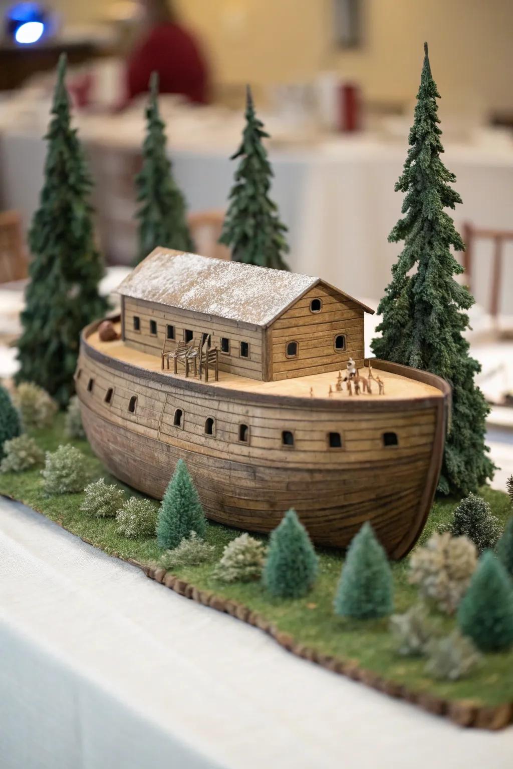 Miniature trees create a forest-like scene with the Noah's Ark centerpiece.