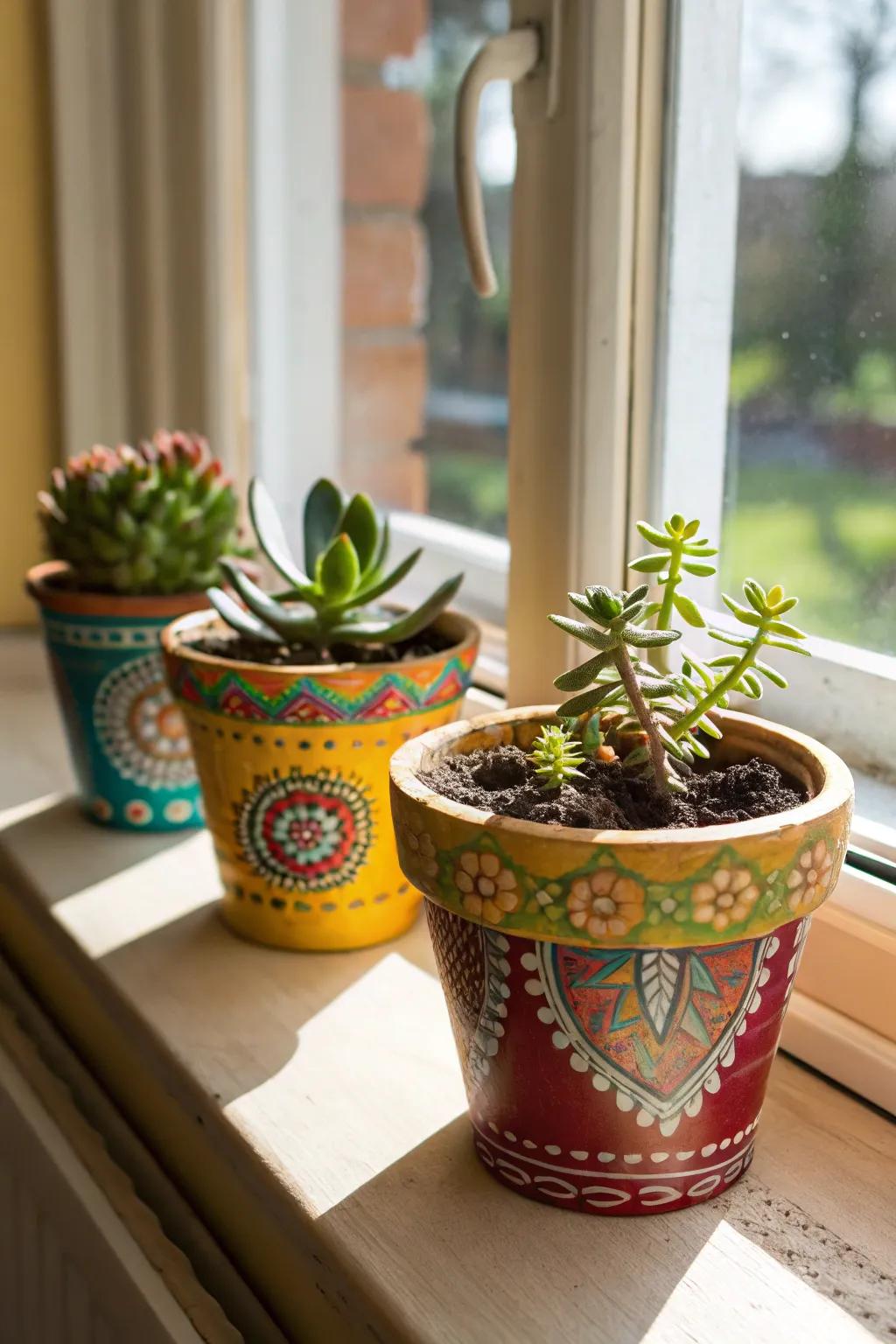 Decorative plant pots filled with life and love.