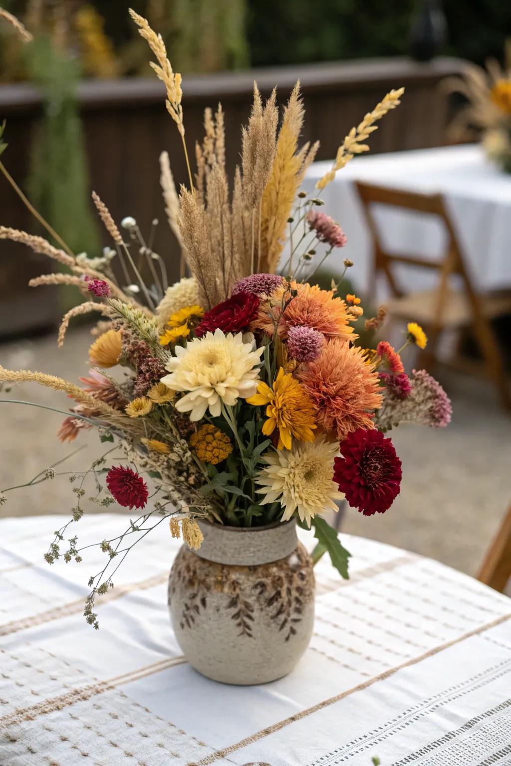 Bring the beauty of fall indoors with floral arrangements featuring seasonal blooms and dried grasses.