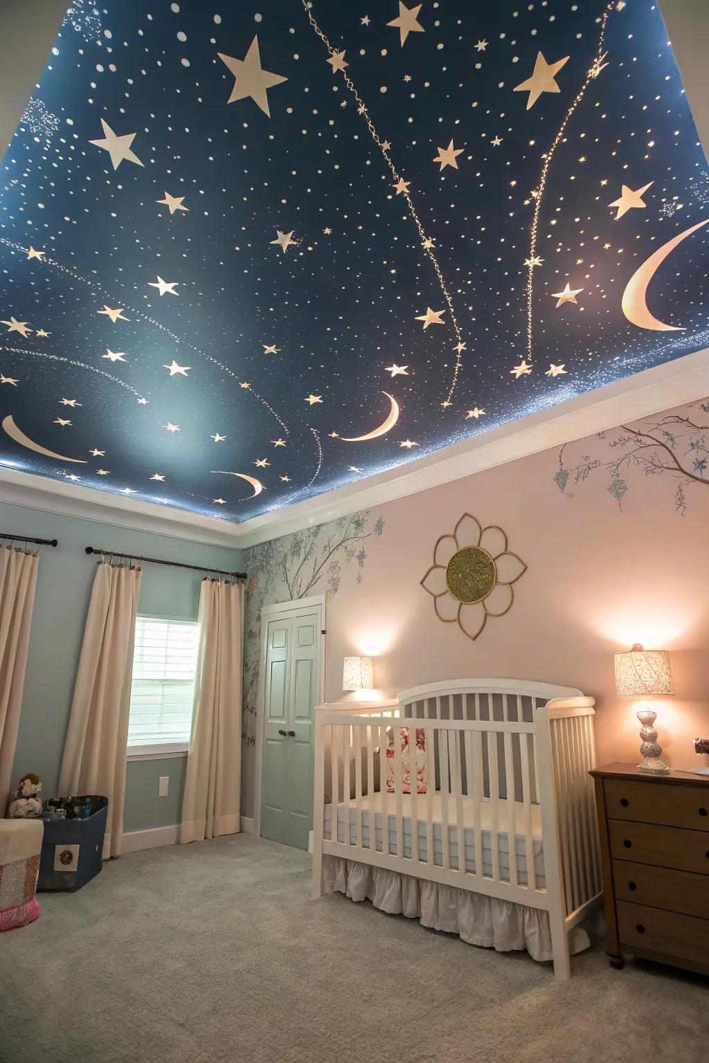 A magical nursery with a starry night sky theme inspiring dreams and wonder.