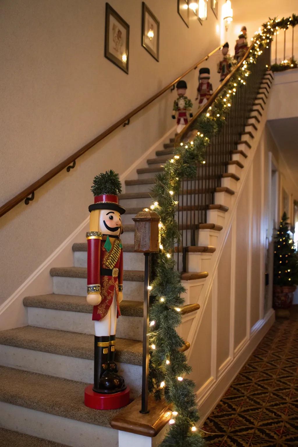 Nutcrackers marching up the stairs create a magical holiday feature.