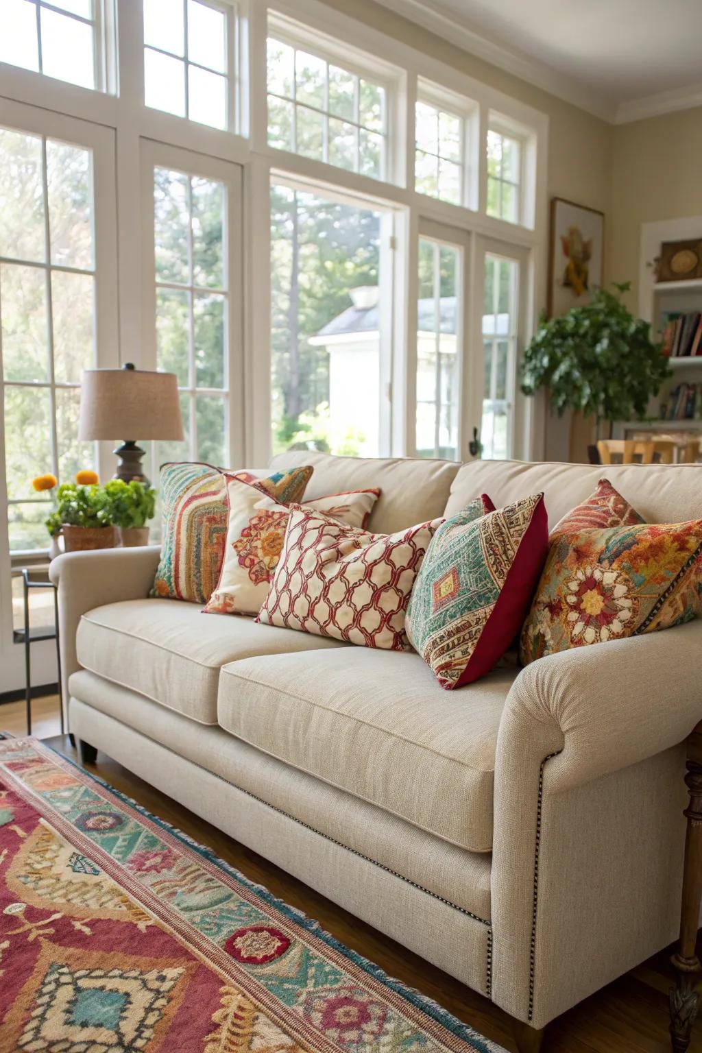 Patterned pillows add a playful touch to an oatmeal sofa.