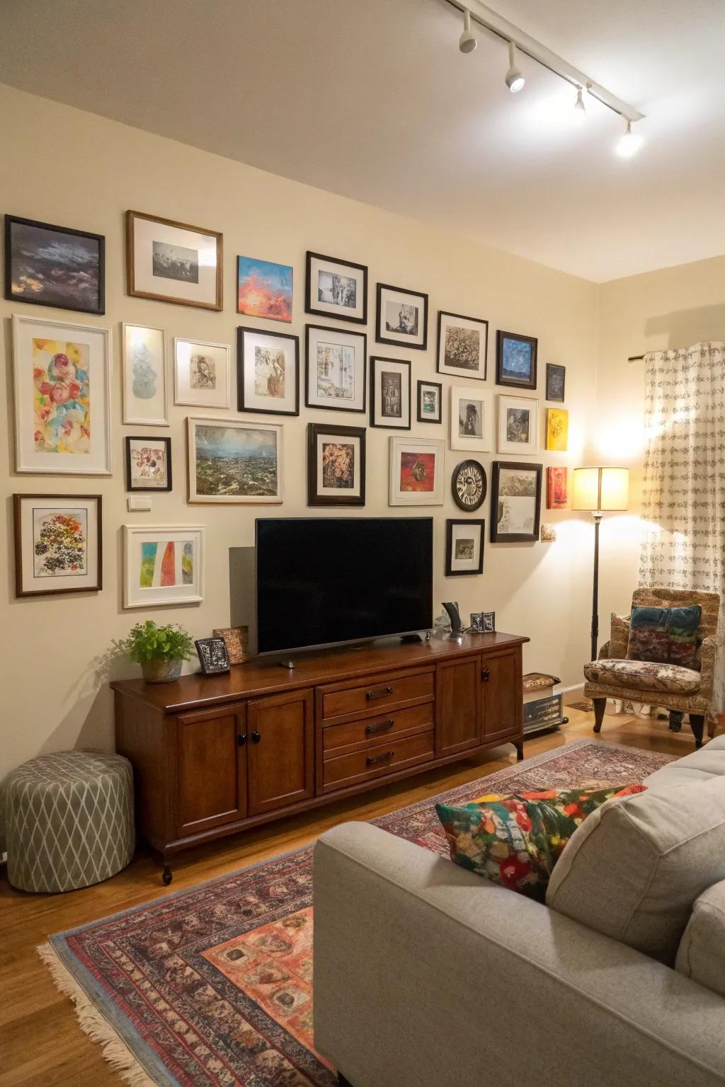 A gallery wall can beautifully integrate an off-center TV.