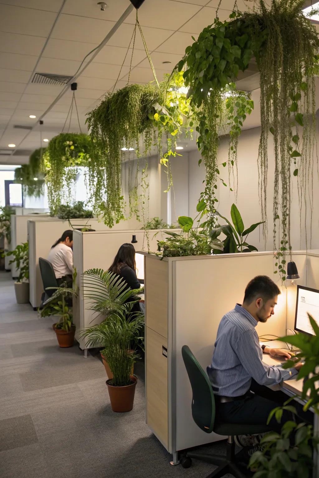 Cubicles enhanced with greenery for improved aesthetics and air quality.