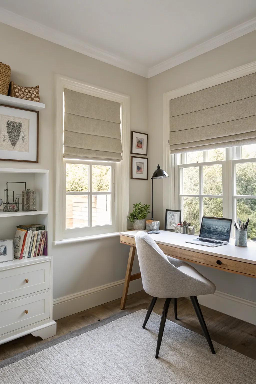 Roman shades offer a sleek, minimalist look for any office.