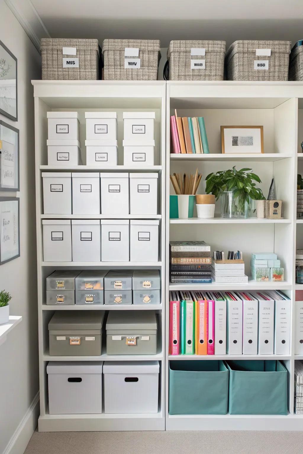 Keep your workspace organized with decorative storage solutions.