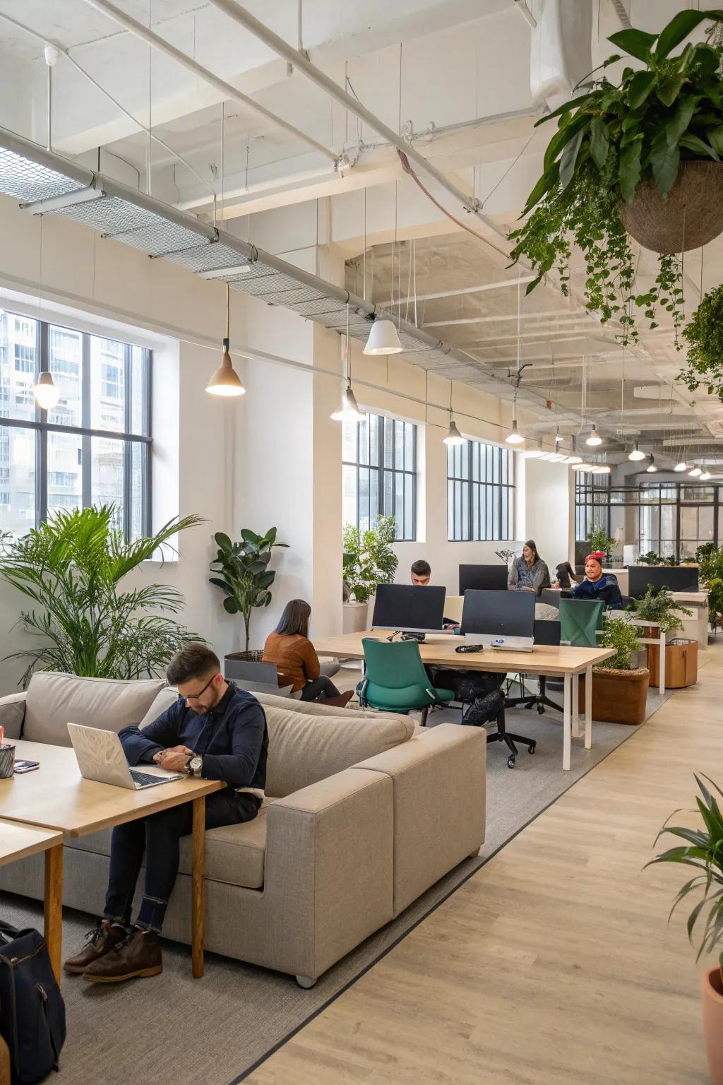 Co-working layouts foster collaboration and flexibility.