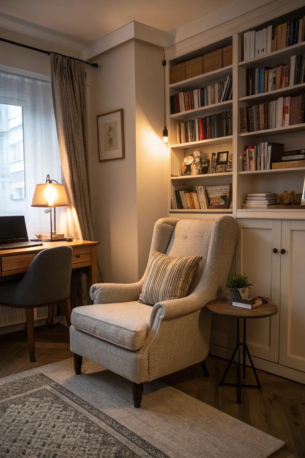 A cozy nook within a home office, perfect for relaxation and inspiration.