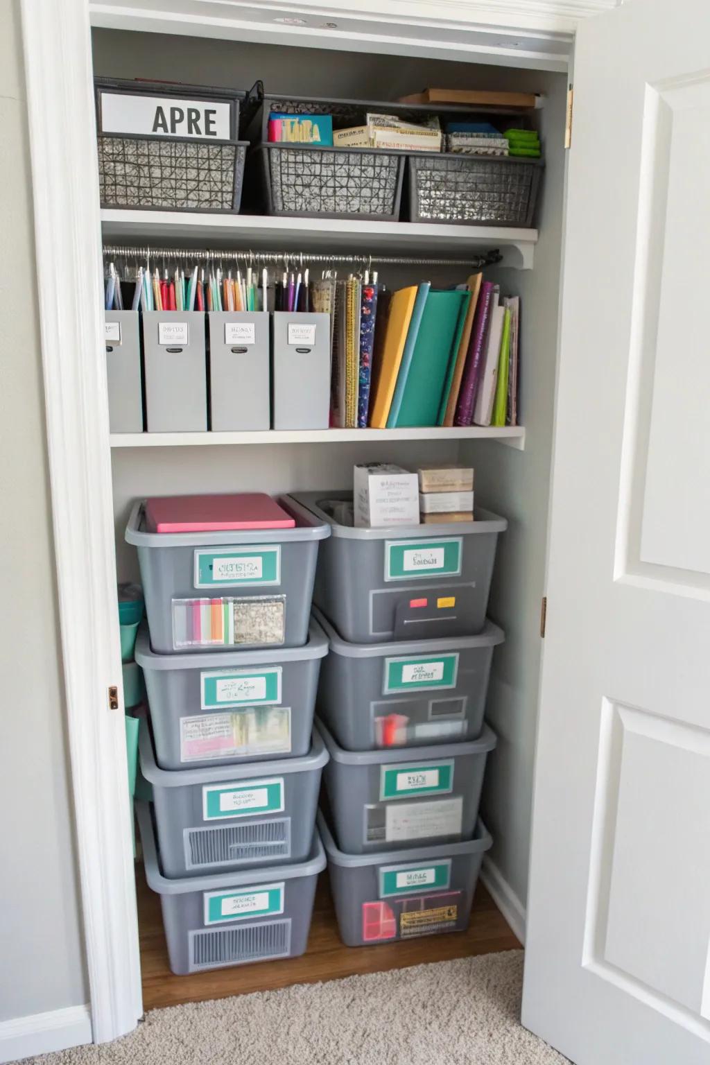 Stackable bins maximize vertical storage space.