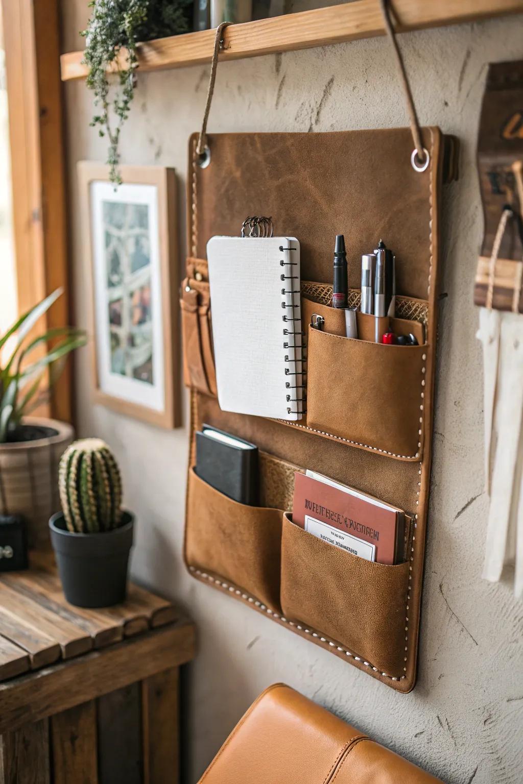 Leather pockets add a bohemian flair to office organization.