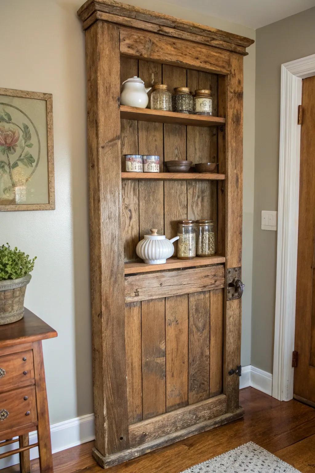 Transform vintage charm into kitchen elegance with this rustic door shelf.
