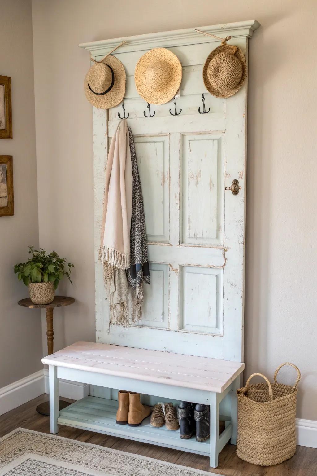 Transform history into functionality with this chic hall tree made from a vintage door — a perfect blend of elegance and utility for your entryway.