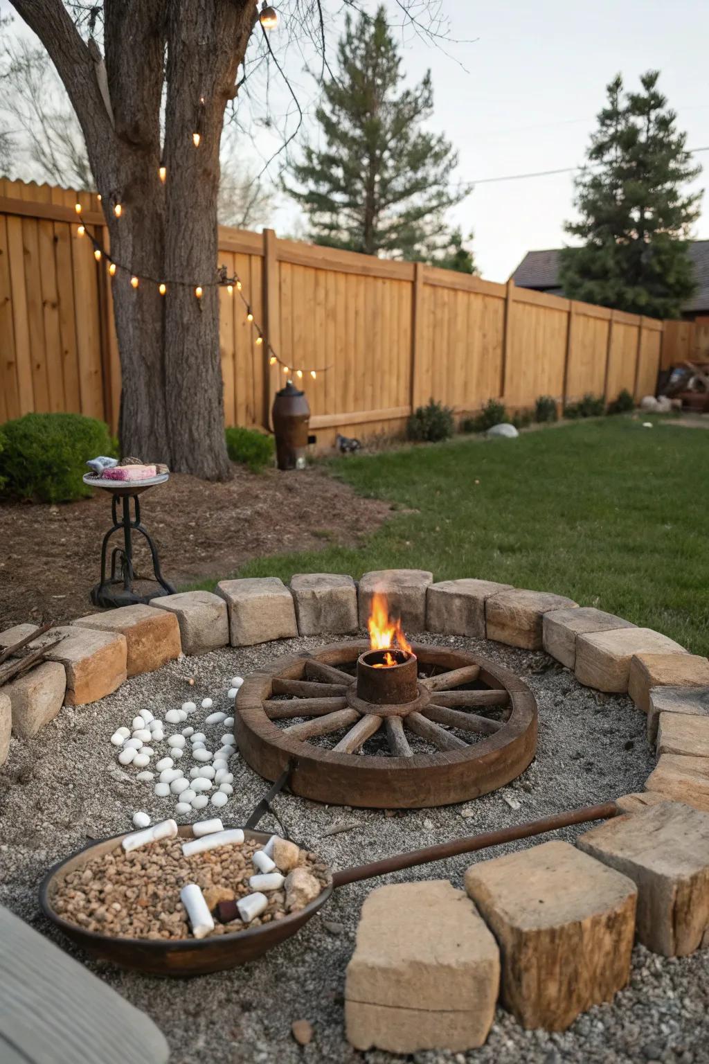 A wagon wheel fire pit is perfect for outdoor gatherings.