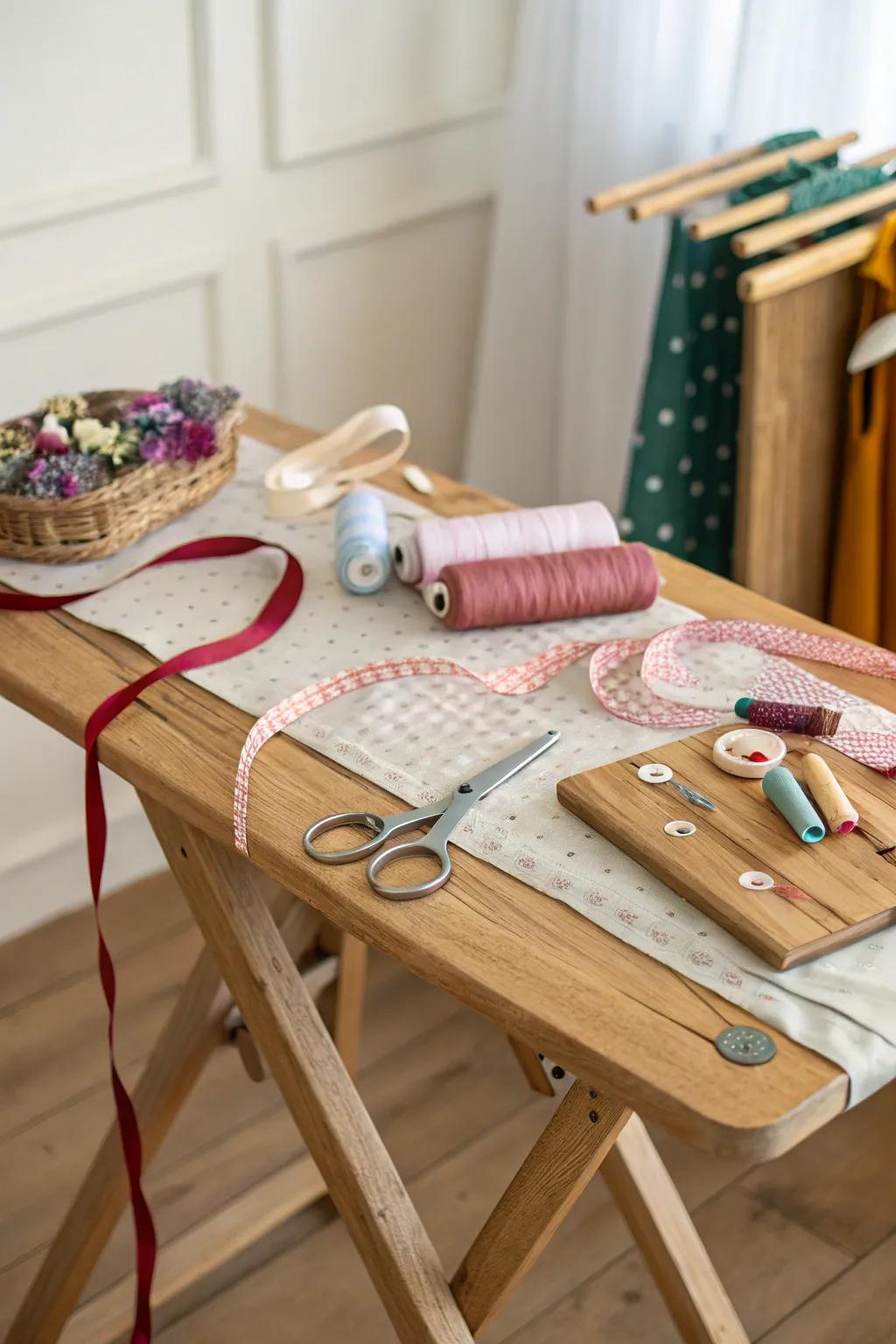 Use an ironing board for organizing and displaying crafting supplies.