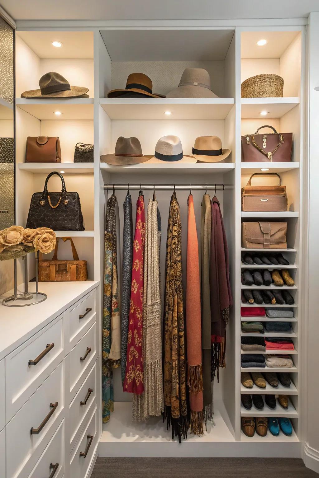 An open closet featuring beautifully arranged accessories.