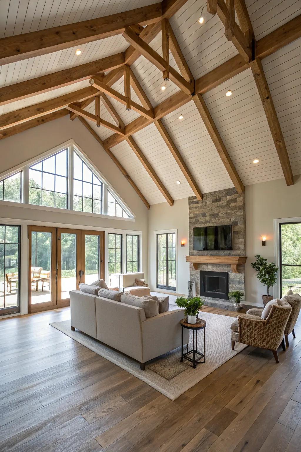 Accent ceiling with wooden beams.