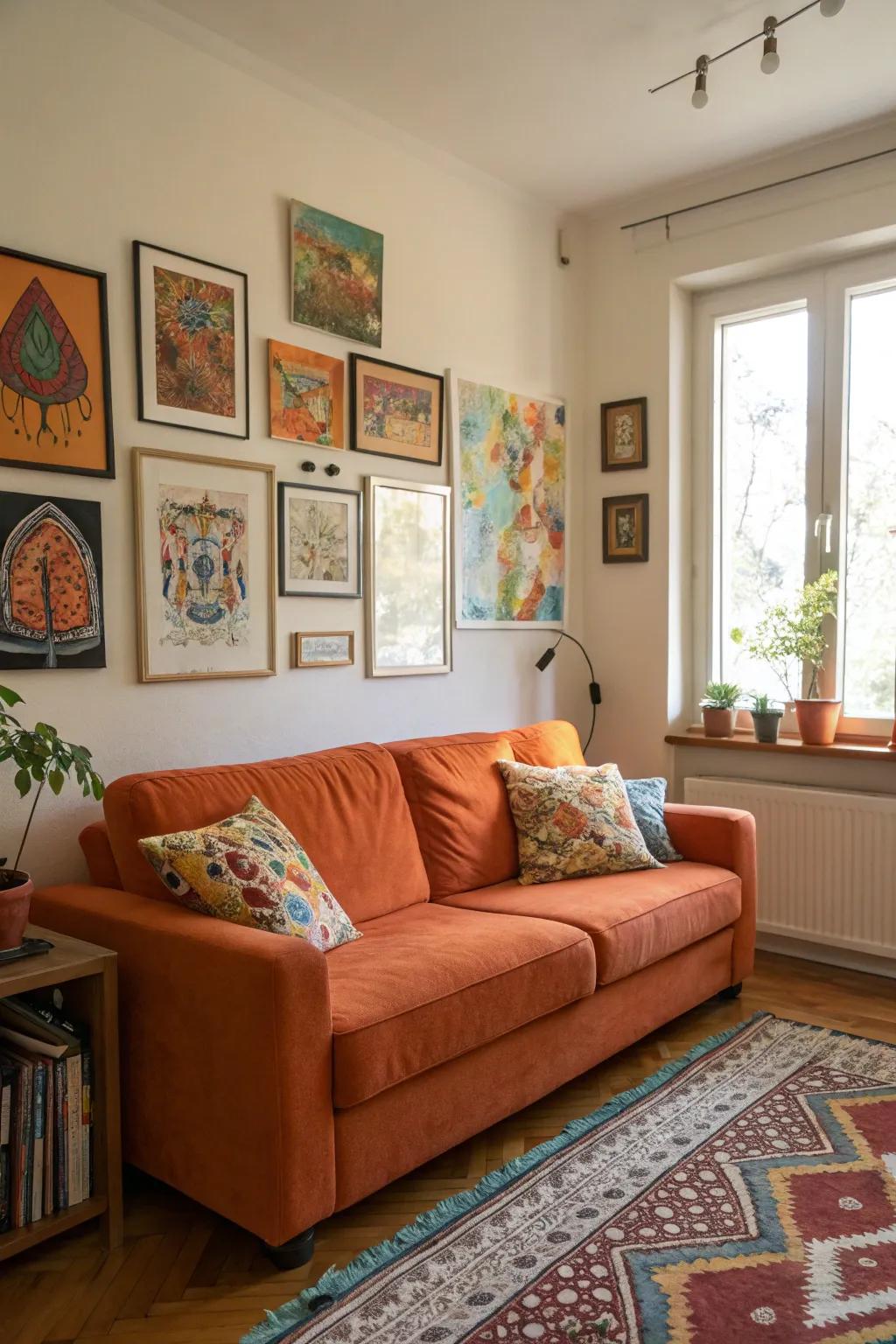 An energetic living room where bold artwork enhances the vibrancy of an orange couch.