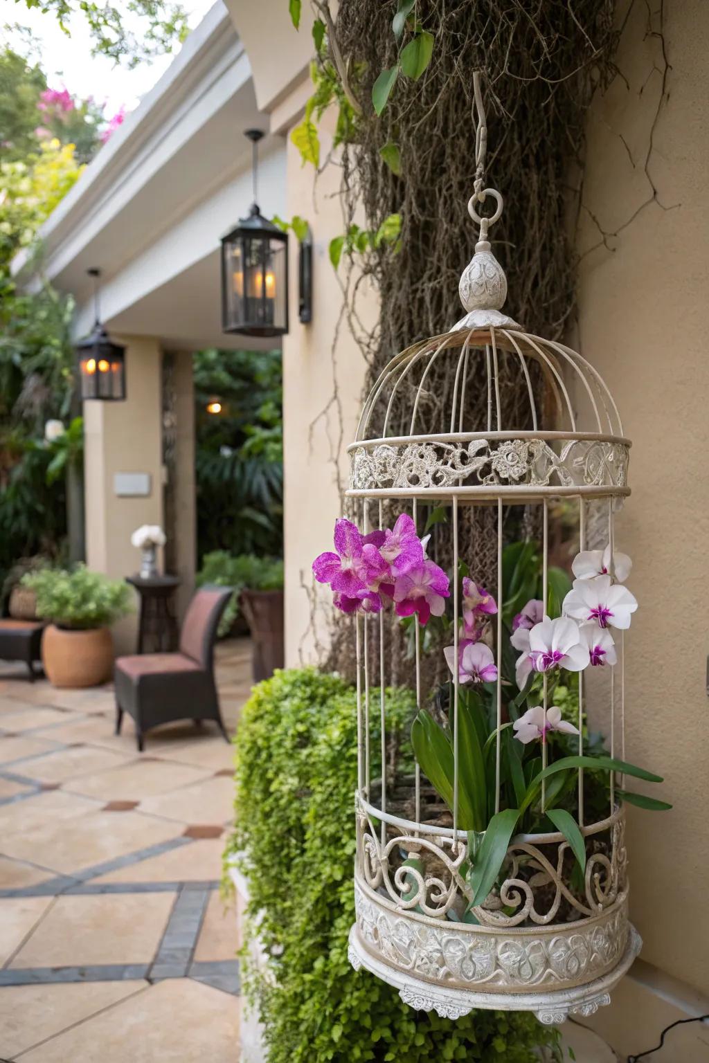 Add vintage charm with orchids in a birdcage.