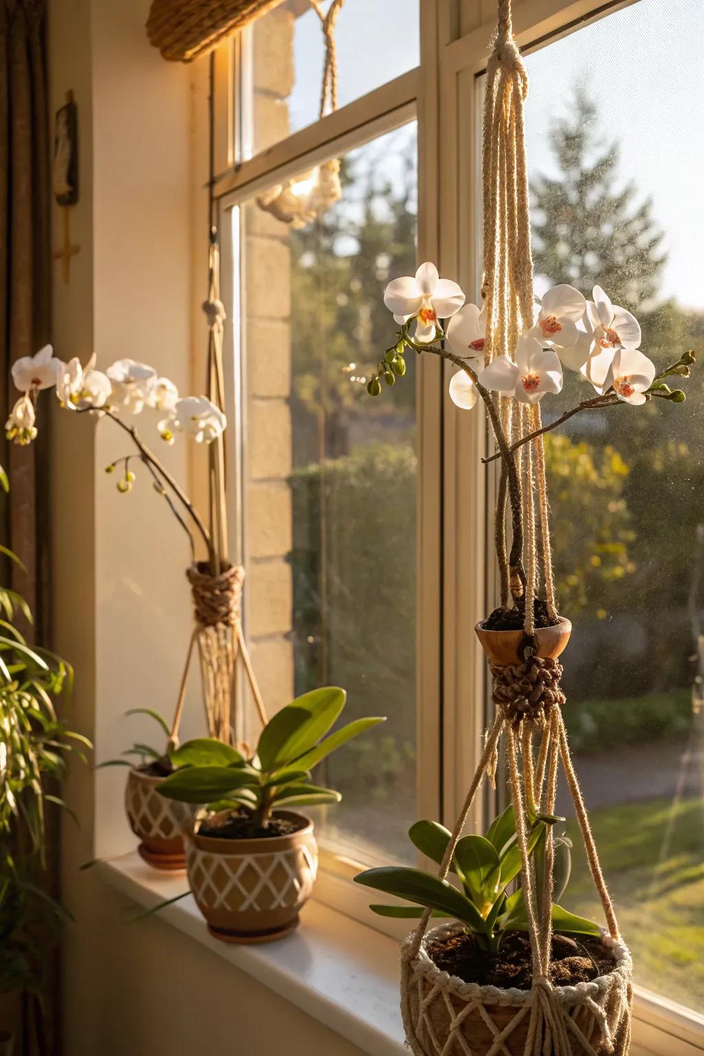 Orchids thrive in hanging macrame planters near a sunlit window.