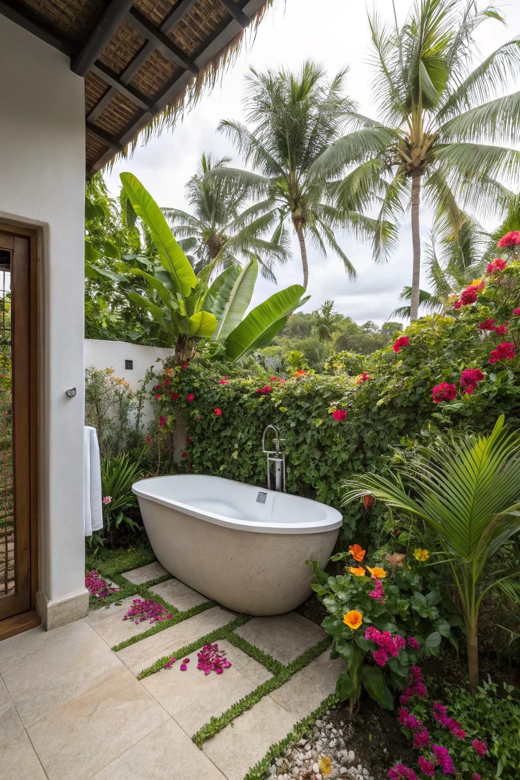 A vibrant outdoor bathroom surrounded by tropical plants.