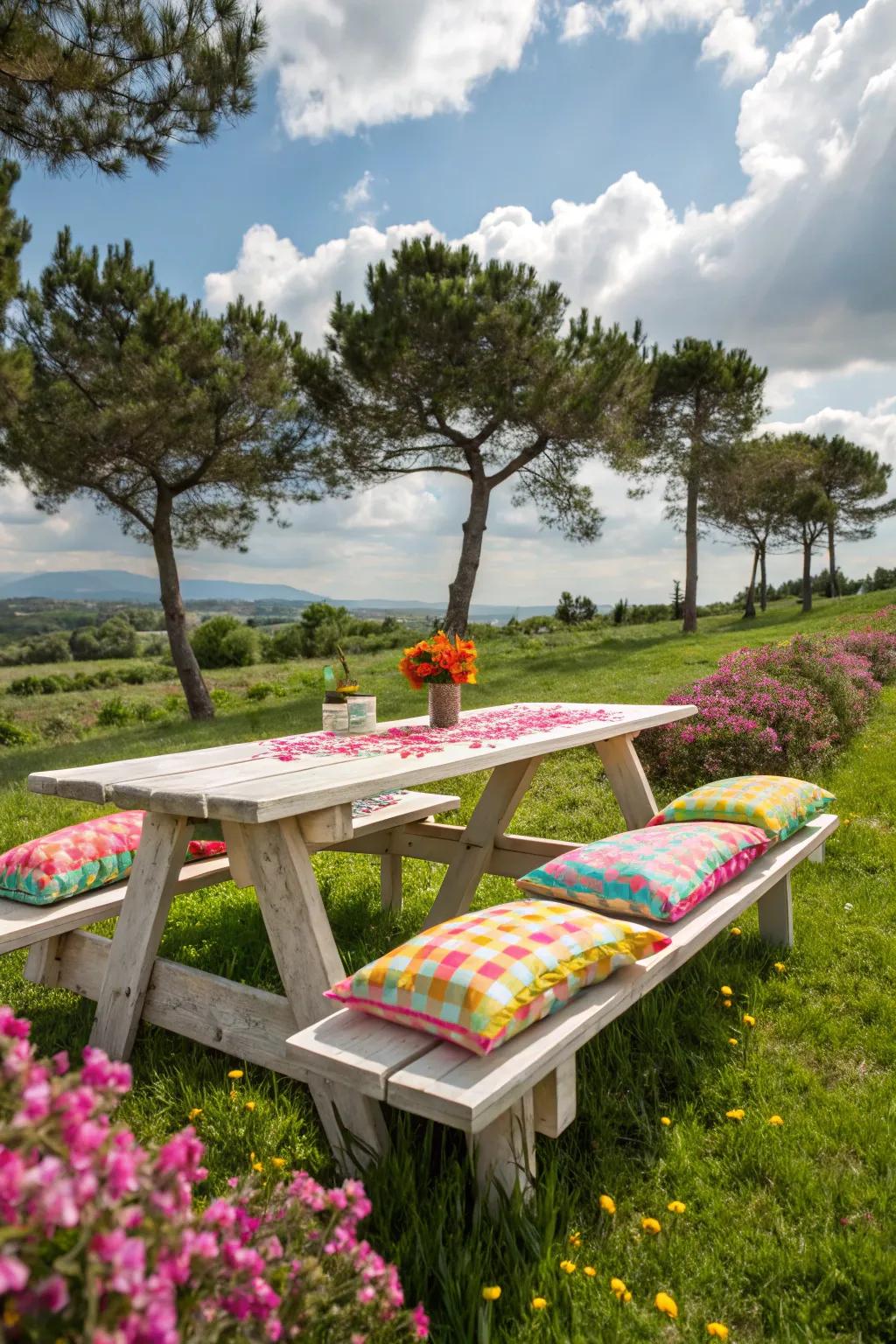 Colorful cushions offer comfort and style to any picnic table.