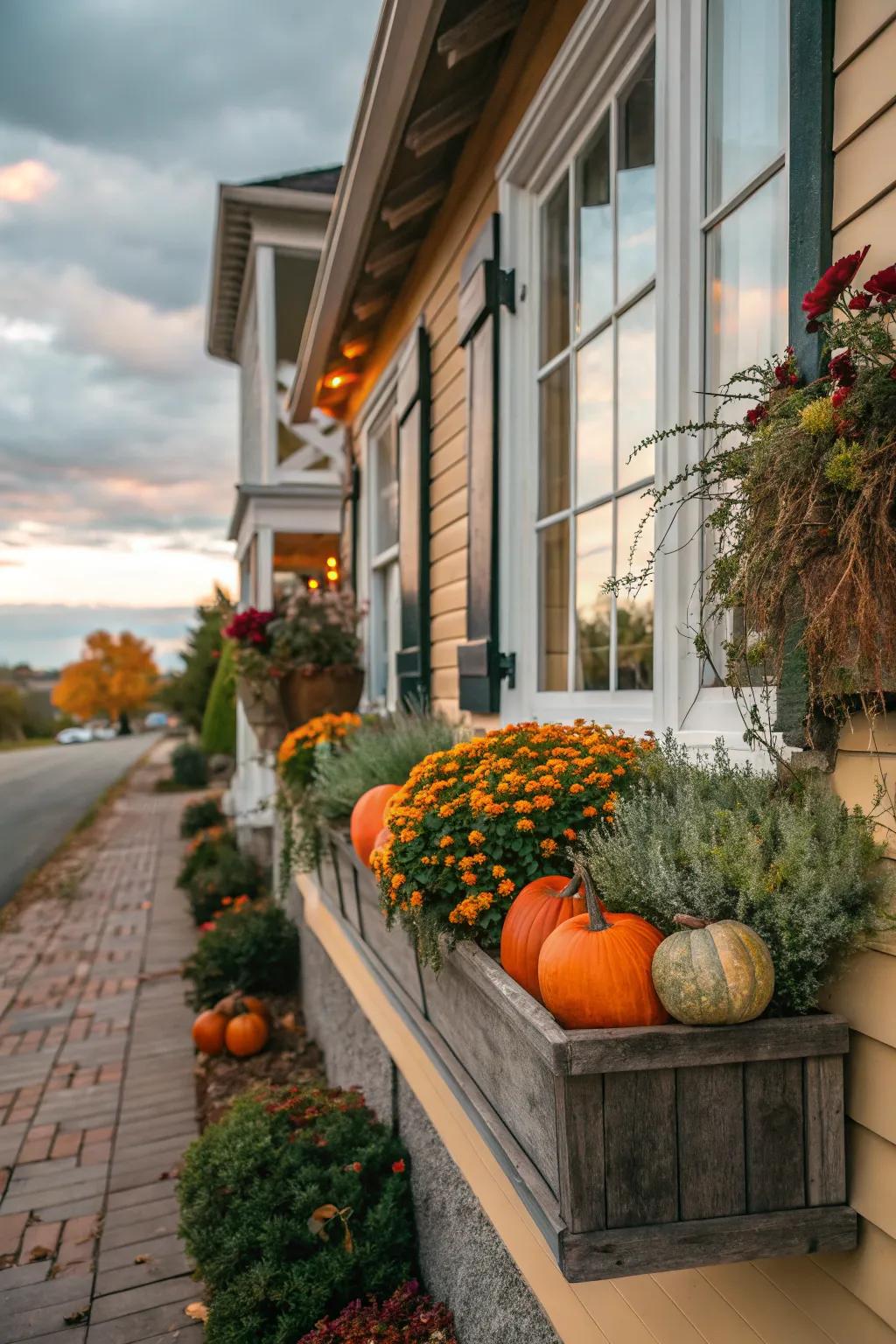 Seasonal window boxes bursting with fall foliage and pumpkins.