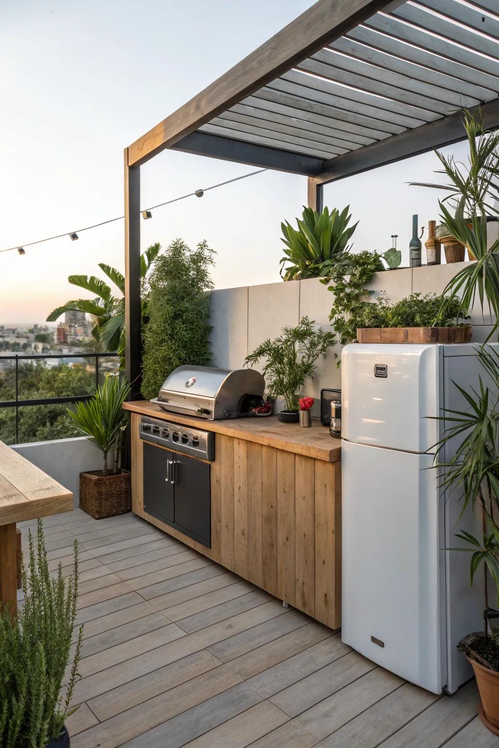 A fridge positioned next to the grill enhances outdoor cooking convenience.