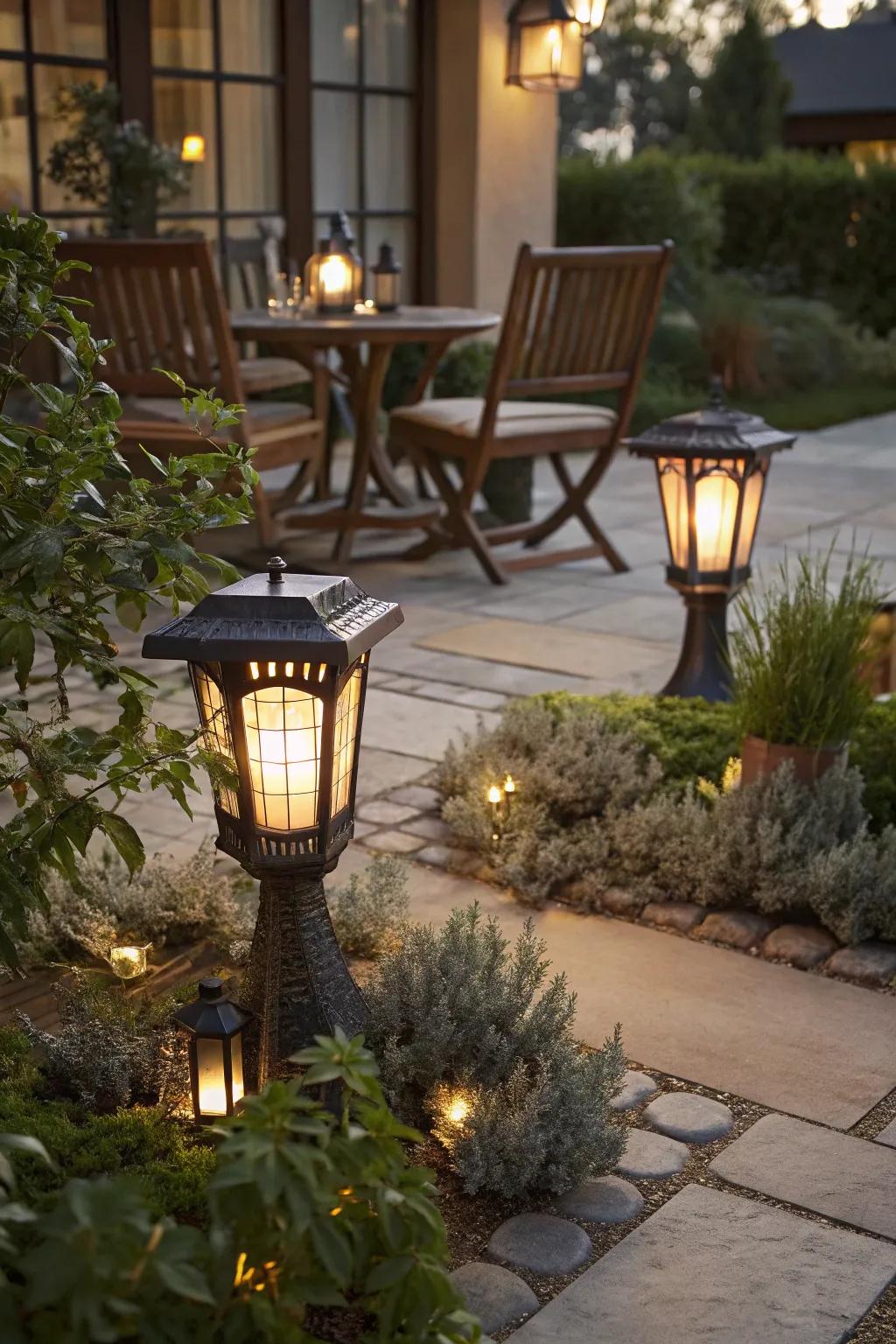 Solar-powered lanterns providing a cozy evening glow.