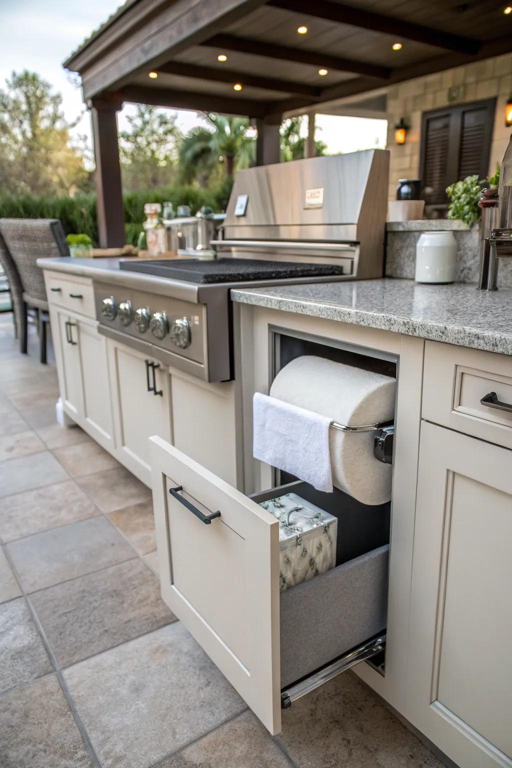 A paper towel holder drawer offers convenience and cleanliness.