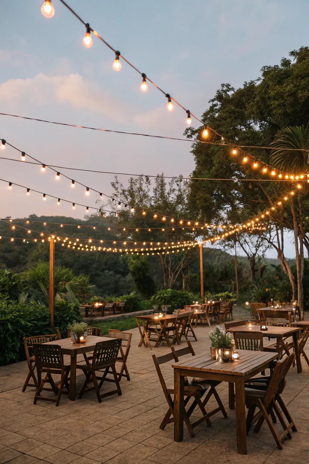 String lights add a whimsical charm to outdoor spaces.