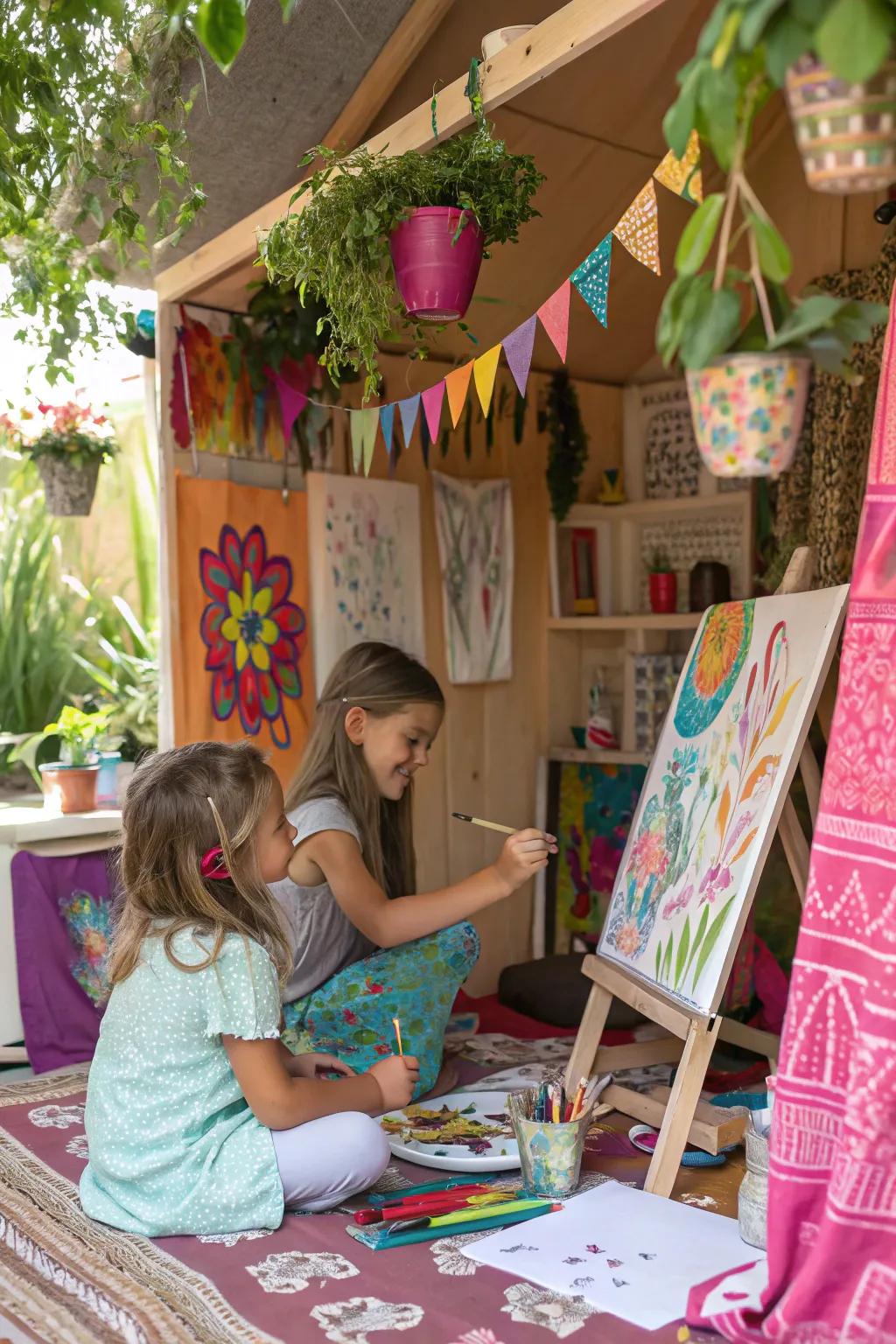 A bohemian art studio playhouse that sparks creativity and expression.