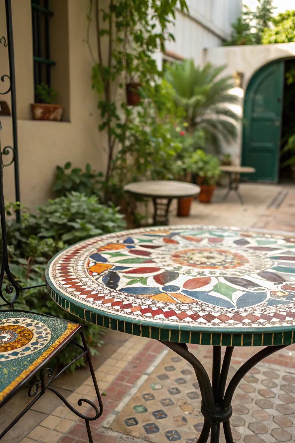 A mosaic tabletop that serves as both a functional and artistic centerpiece.