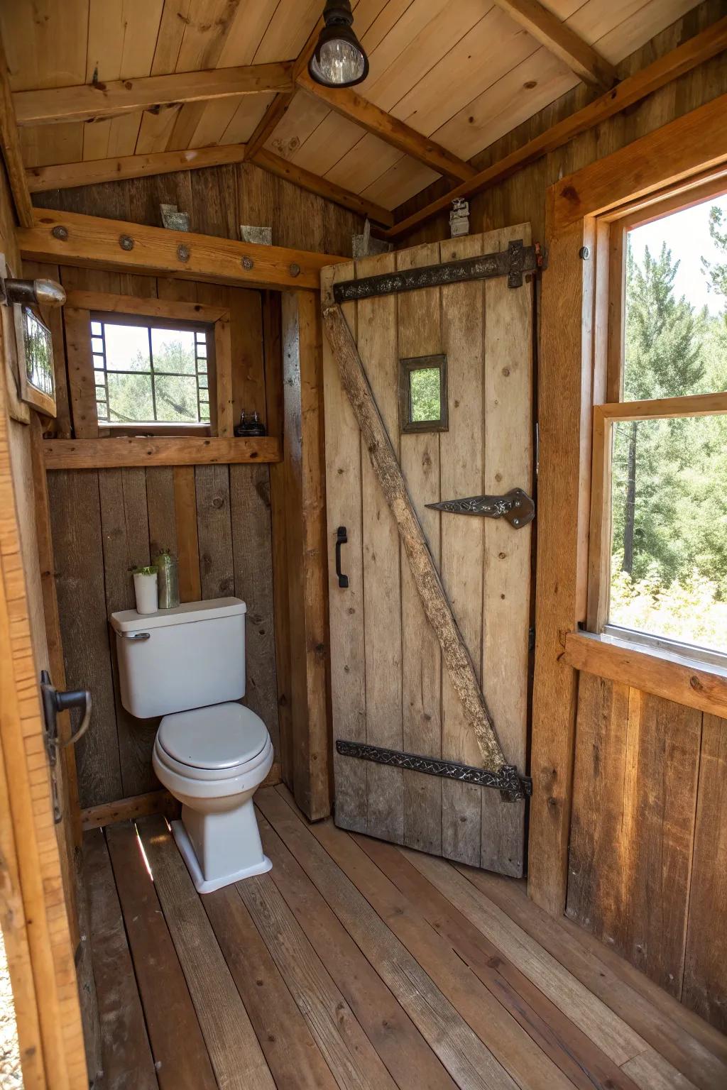 Reclaimed materials lend character and sustainability to this outhouse bathroom.