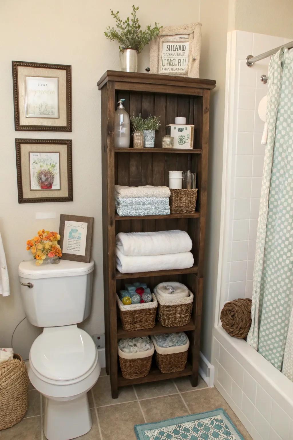 A repurposed bookcase adds character and functionality to bathroom storage.