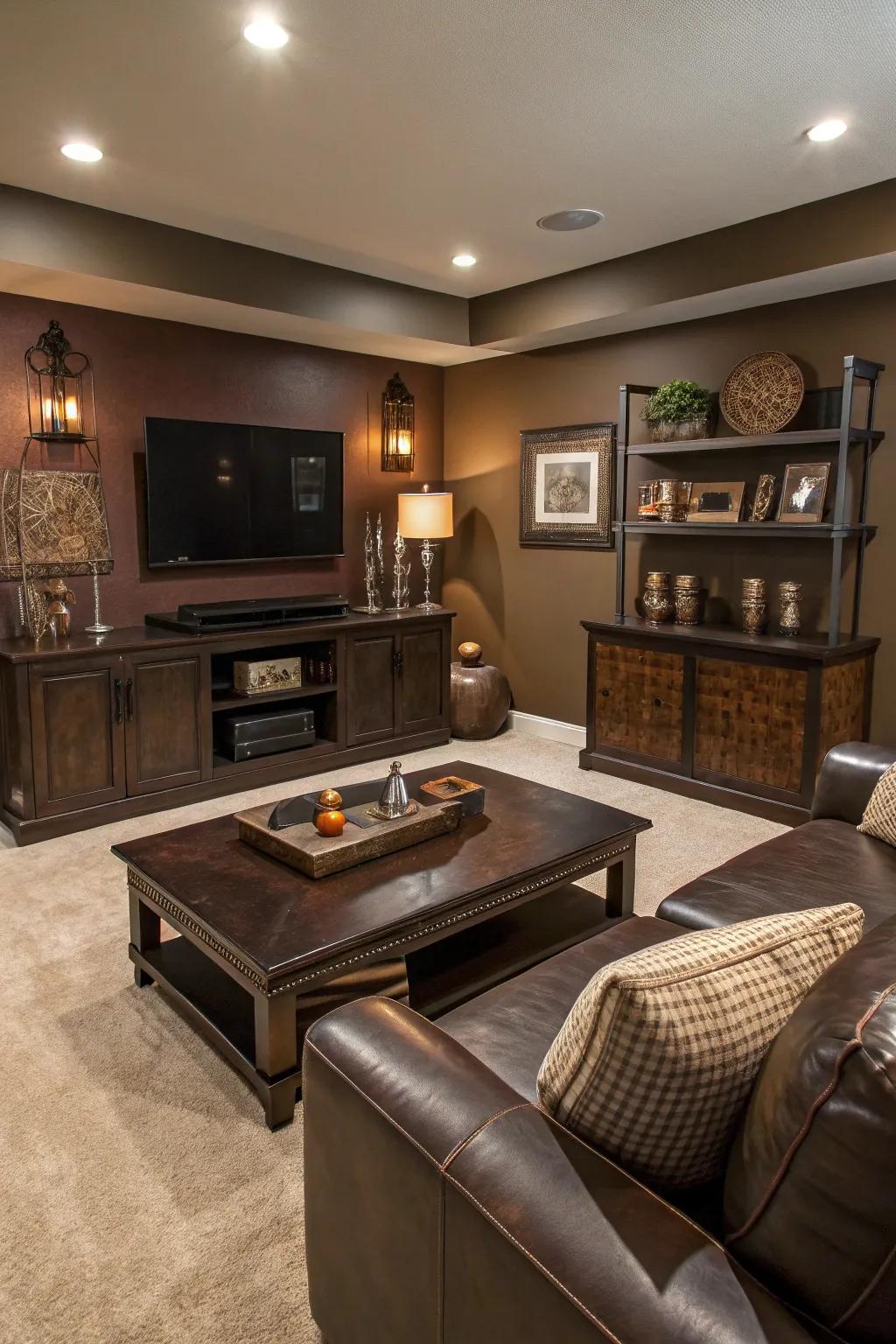 Mocha brown adds a cozy, coffee-shop warmth to this media room.