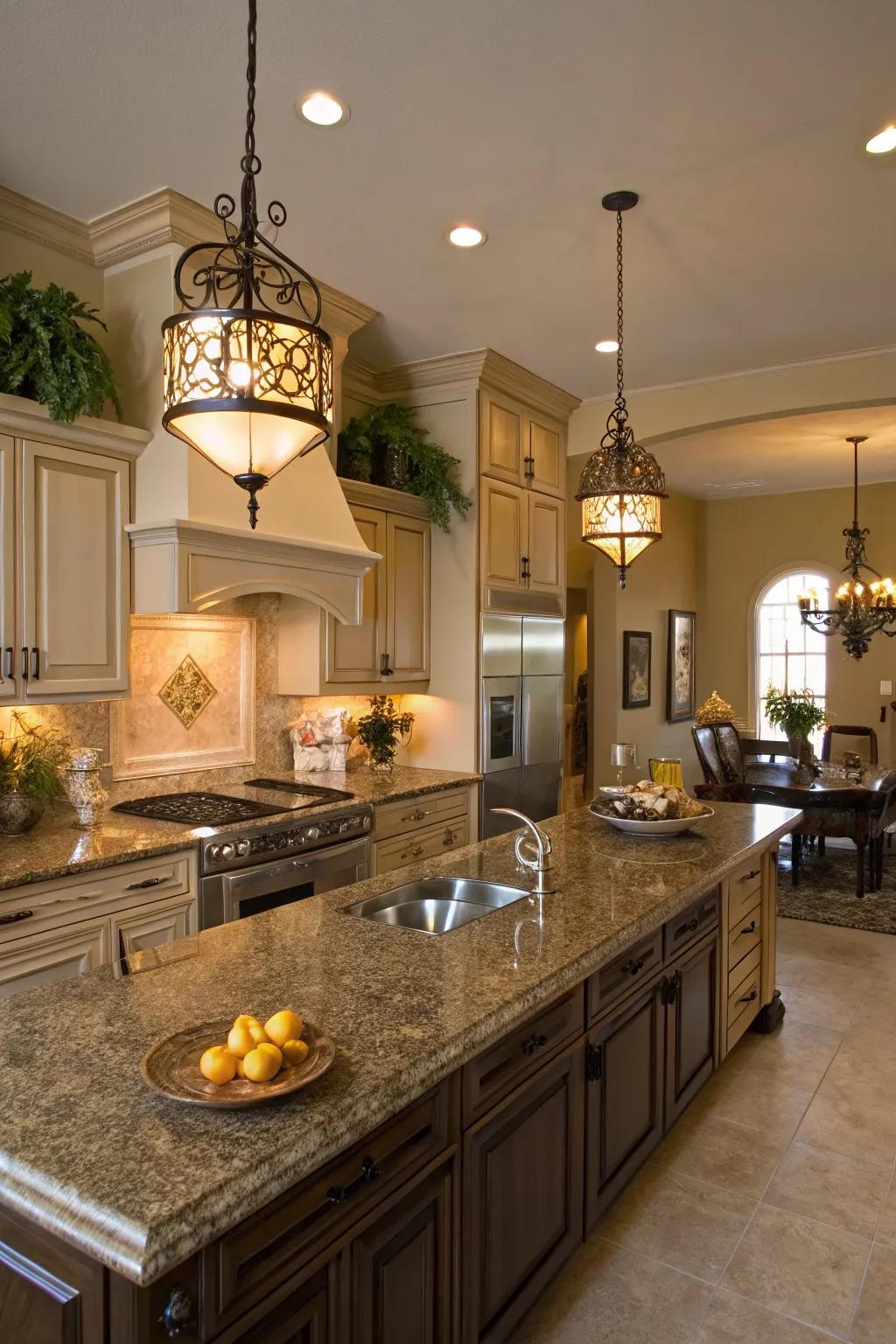 Faux granite countertops offer a touch of glamour.