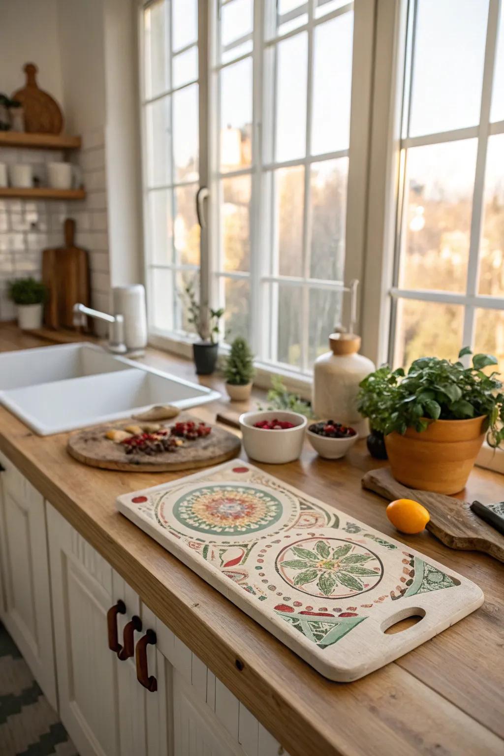 A boho-inspired cutting board featuring dreamcatchers and feathers.