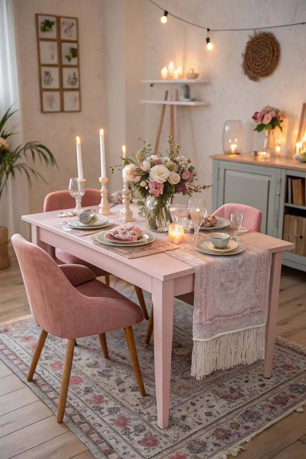 Pastel pink adds a soft, inviting touch to your dining space.