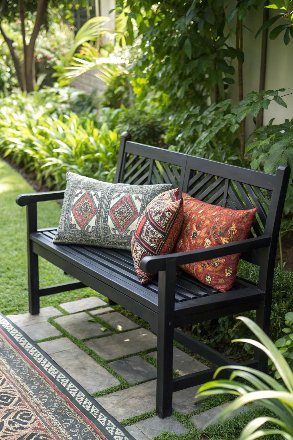 Embrace the mystique of black with a chic, minimalist outdoor bench that exudes elegance and charm.