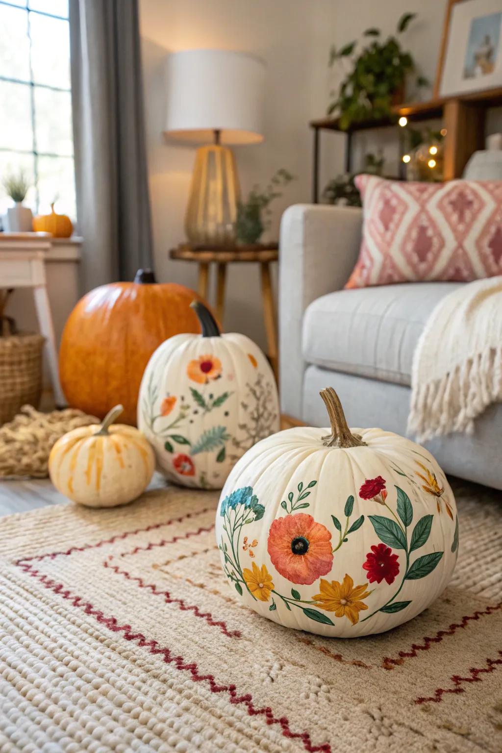 Floral pumpkins bring a touch of boho charm to your home.