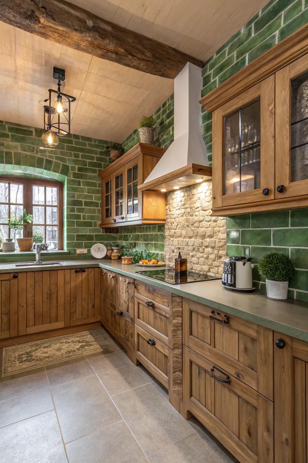 Earthy green painted brick walls bringing a natural feel to the kitchen.